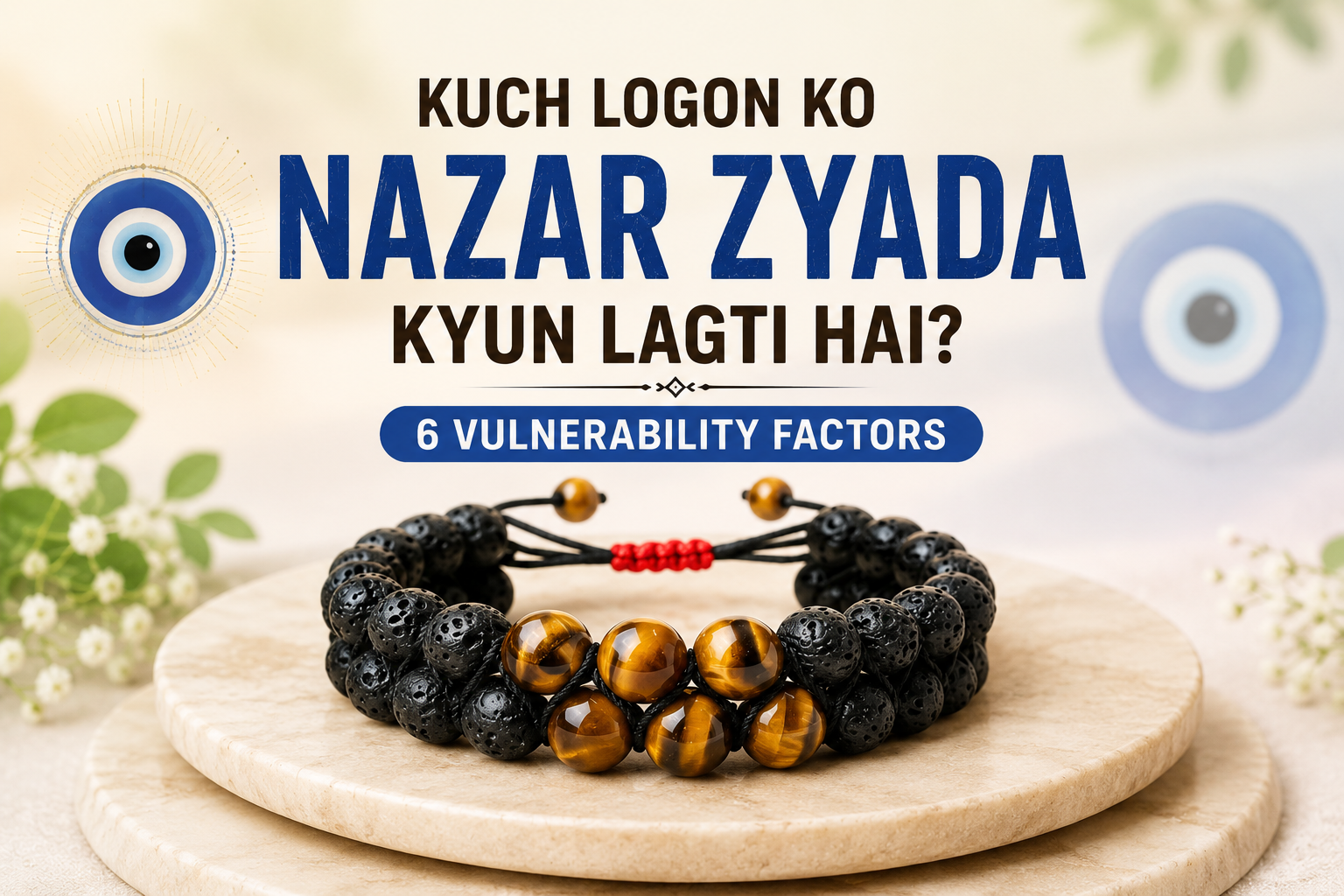 Nazar ka matlab kya hai – kab lagti hai, lakshan aur bachav ke upay, Tiger Eye Lava Stone Bracelet infographic – Suyagya India